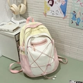 Pink and white patchwork school backpack with macaron colors and cartoon ghost badge - Yellow Without Pendant