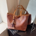 Retro dark brown large tote bag with long handles and brown plush rabbit pendant - Brown with Pendant
