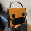 Retro color-block backpack in brown frosted suede and black leather with metal buckles - Brown