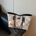 Large capacity tote bag with white grid pattern, black handles and plush charm - Black with Pendant