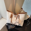 Large beige tote bag with grey grid pattern, brown leather trim and plush rabbit charm - Cream White With Pendant