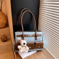 Sac cabas en similicuir bleu clair avec lanières marron et porte-clés ours mignon - Bleu avec Pendentif