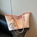 Pink and white checkered tote bag with a cute plush rabbit pendant and pearl bow detail - Pink with Pendant