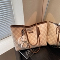 Large beige plaid tote bag with brown leather trim and a plush rabbit charm - Khaki With Pendant