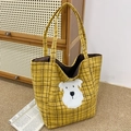 Yellow plaid tote bag with cute white puppy embroidery and sturdy shoulder straps - Yellow