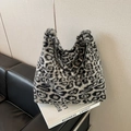 Faux fur leopard print tote bag with black leather handles and large capacity - Black