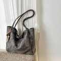 Large dark gray vintage tote bag with wood bead tassel on woven texture surface - Black Brown (With Bead Pendant)