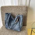 Vintage washed blue large capacity tote bag with ethnic style beaded tassel charm - Blue (With Bead Pendant)