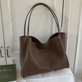 Deep coffee brown woven tote bag with slim shoulder straps and textured leather finish - Brown