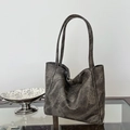 Large dark grey tote bag with vintage washed texture and minimalist shoulder straps - Dark Tea (No Pendant)