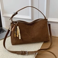 Dark brown suede crossbody bag with vintage style and colorful ethnic beaded charm - Rich Coffee With Charm