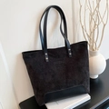 Large black corduroy tote bag with faux leather straps and embossed text details - Black