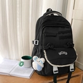 Black canvas backpack with lace trim, ribbon bow, and small plush bear pendant - Black with Pendant