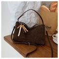 Vintage dark brown suede shoulder bag with retro beaded charm and silver zipper detail - Rich Chocolate With Charm