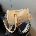 Creamy beige Boston bag with lychee texture, golden zipper, and wide fabric strap - Off White