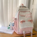 Pink and white student backpack with lace trim, bow decoration and plush bear charm - White And Pink With Charm