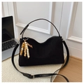 Retro black hobo shoulder bag with suede finish and wooden bead pendant accessory - Black with Pendant