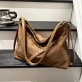 Brown matte suede tote bag with dual shoulder straps and vintage metal buckles - Brown