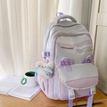 Pastel lavender and light blue school backpack with cute lace bows and plush bear charm - Grey And Purple With Charm