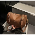 Vintage brown pebble leather cylinder boston bag with adjustable strap and fashion logo - Brown
