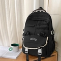 Black canvas backpack with lace bow decoration and white plastic buckles for students - Black without Pendant