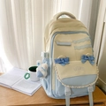 Cream and light blue school backpack with silk bow decoration and plush bunny charm - Yellow And Blue With Charm
