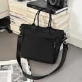 Versatile black large capacity nylon tote bag with adjustable shoulder strap for women - Black Solid