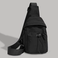 Minimalist black nylon crossbody sling bag with drawstring pocket and adjustable strap - Black