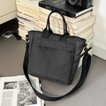 Large capacity black and white checkered tote bag with adjustable strap and front zipper - Black Plaid