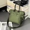 Olive green grid canvas tote bag with wide strap on a desk with vintage cameras - Green Checkered
