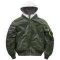 Dark green bomber jacket with grey hoodie layer and flight sleeve pocket - Green