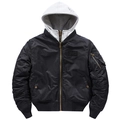 Men's black MA-1 bomber jacket with grey hood and tactical sleeve zipper pocket detail - Black