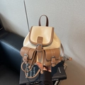 Mini vintage denim-style backpack with flap-over design and contrast leather details - Off-white