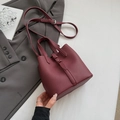 Burgundy lychee grain leather bucket bag with silver hardware and shoulder strap - Red (No Pendant)