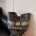 Dark grey canvas tote bag with white stripes and brown leather shoulder straps - Dark Brown