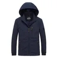 Men's navy blue hooded windbreaker jacket with zipper pockets and breathable mesh lining - M / Dark Blue