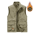 Chaleco táctico reversible para hombre con forro polar cálido y varios bolsillos carga - M / Caqui