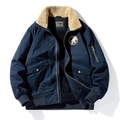 Dunkelblaue Herren-Fliegerjacke für den Winter mit beigem Kunstpelzkragen und Taschen - M / Schwarz und Blau