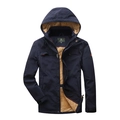 Giacca invernale da uomo blu scuro con calda fodera in pile marrone e cappuccio tecnico - M / Blu