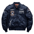 Navy blue men's bomber jacket with vintage embroidery patches and MA-1 pilot styling - M / Dark Blue