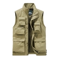 Front view of khaki outdoor multi-pocket utility vest with breathable mesh lining - M / Khaki