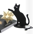 Detail of black cat paper-cut lamp with laser-cut star sphere and USB cable in box - Black Frame + Beige