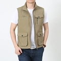 Men's khaki multi-pocket utility vest with stand collar and durable zipper for outdoor activity - M / Khaki