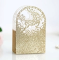 Detailed view of hollow reindeer and snowflake design on a gold glitter gift box - Elk / Glitter Gold Reindeer