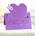 Purple laser-cut heart place cards with cupid arrow design for wedding table decor - Deep purple