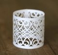 Elegant white laser-cut hollow LED candle wrap with heart and floral filigree patterns - White