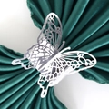 Elegant silver metal butterfly napkin ring with hollow patterns on green satin - 22cm / Reflective Silver