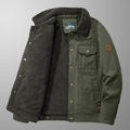 Olive green men's padded cotton jacket with warm faux lamb wool lining and turn-down collar - M / Army Green