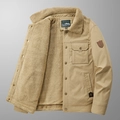Men's khaki fleece-lined canvas jacket with warm sherpa collar and fashion arm patch - M / Khaki