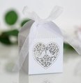 White laser-cut birdcage candy box with elegant organza ribbon and heart motif - White